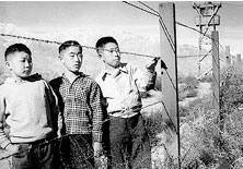 Three Japanese boys behind fence