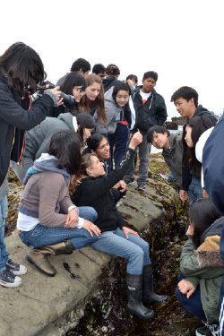 Elizabeth McPartlan with students at seashore