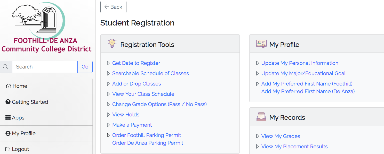 main registration page on MyPortal