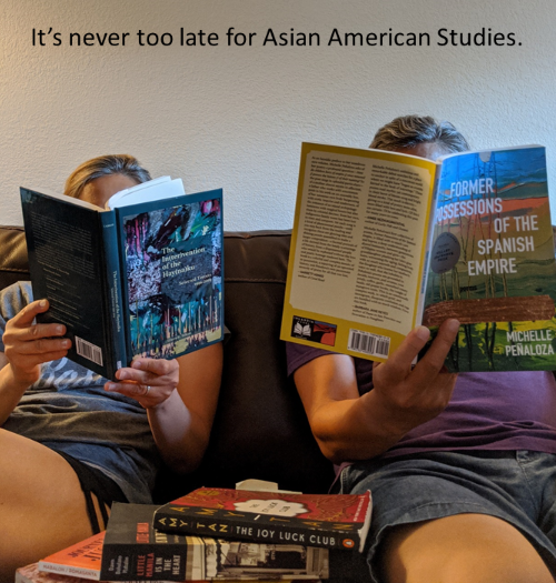 two people reading books: It's never too late for Asian American Studies