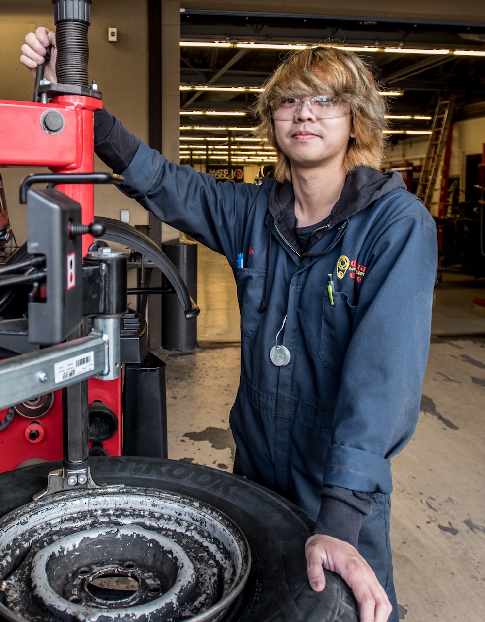 student with tire