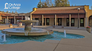 View of Main Quad fountain and De Anza Administration building