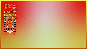 Lunar New Year Zoom background with reddish-yellowish gradient and outstretched tiger illustration on the left side