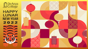 Lunar New Year Zoom background with stylized geometric patterns and lanterns illustrated in the center of the composition and an outstretched lion on the left