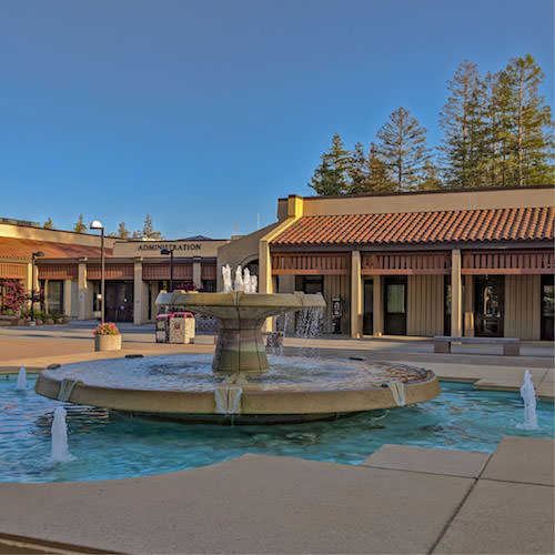 main quad fountain in front of admin building