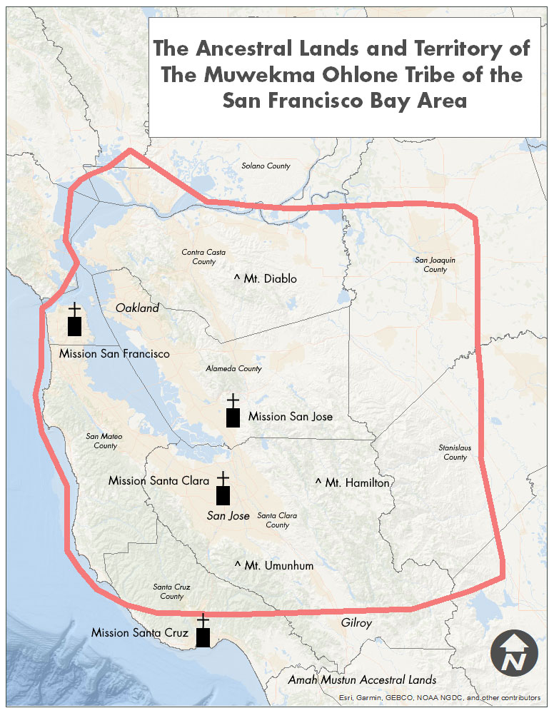 Map of Bay Area with red line highlighting Muwekma Ohlone ancestral land