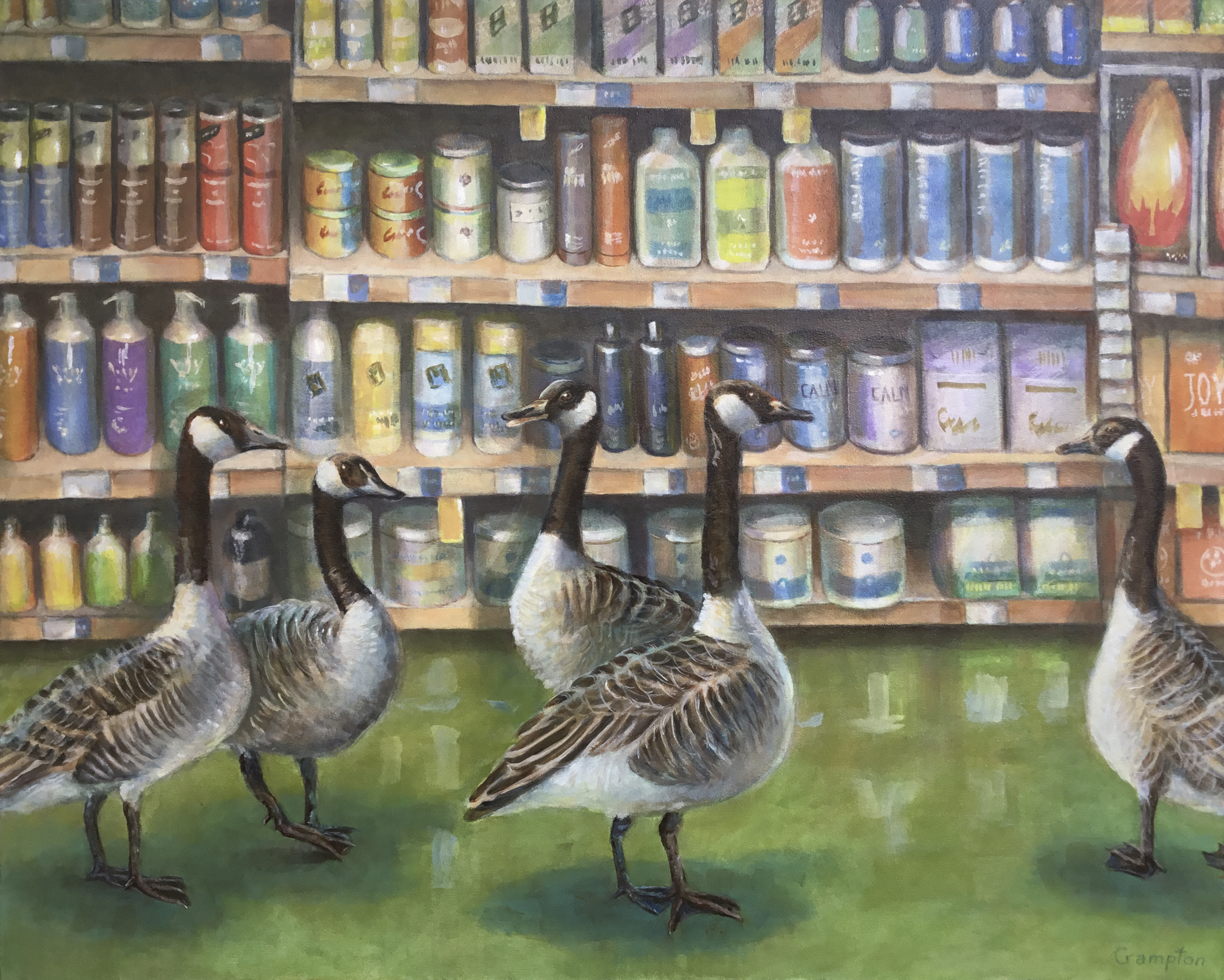 painting of geese inside store with bottles on shelves