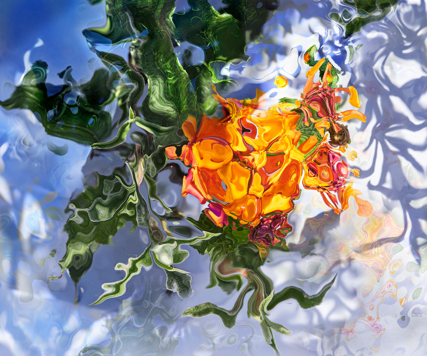 abstract image with green, orange, blue and other metallic colors