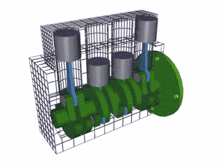 GIF animation of an automotive engine, opened to show motion of internal components