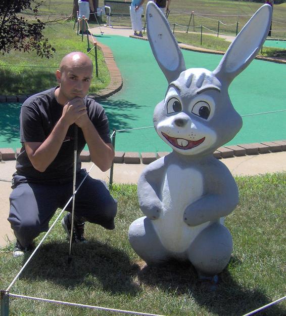 Toño Ramirez and big rabbit sculpture