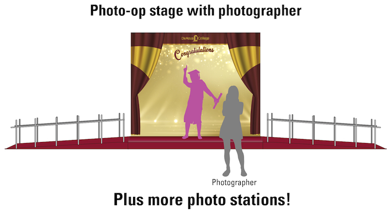 Drawing of stage with silhouette of female graduate 