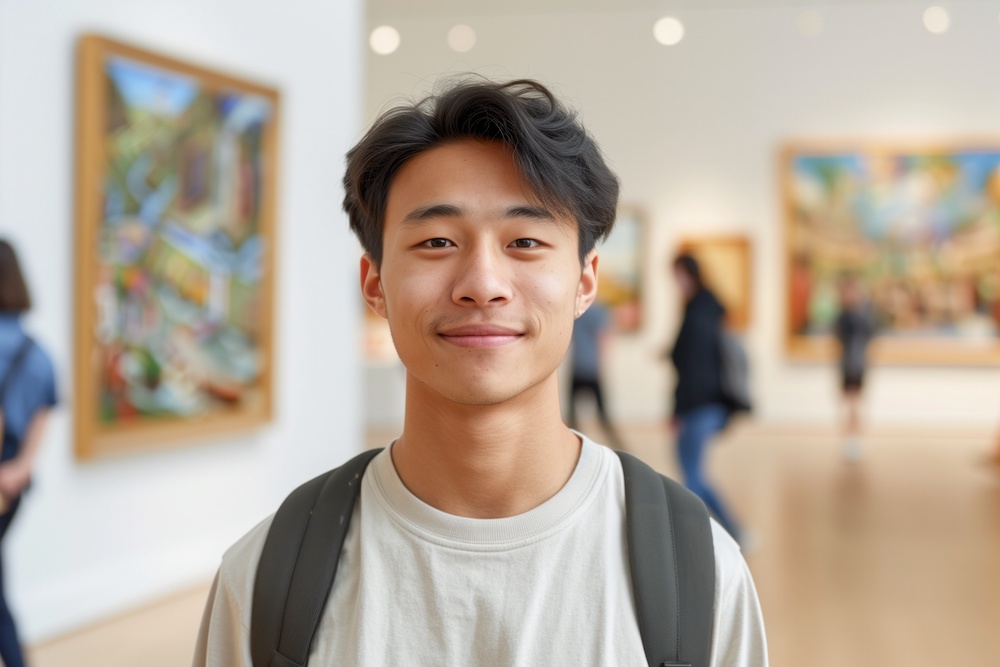 young man in art gallery