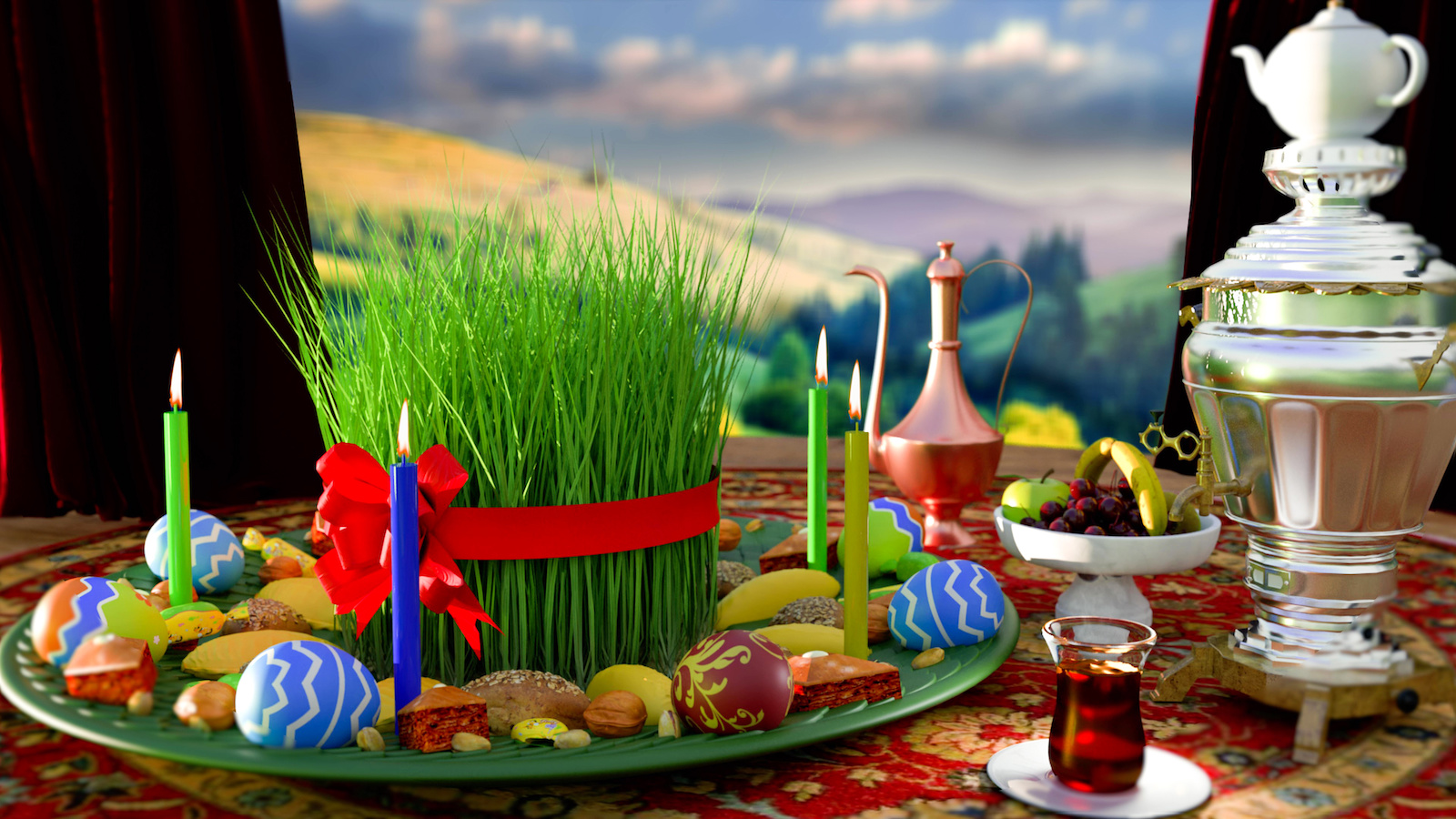 platter with colored eggs, slender candles, green wheatgrass and ornate tea kettle