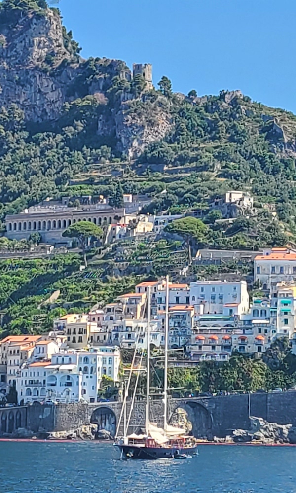 town on hillside overlooking ocean