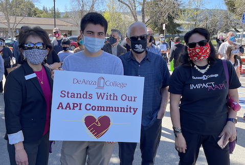 Cheng, Meyberg, Landsberger, Chow with sign: De Anza College Stands With Our AAPI Community