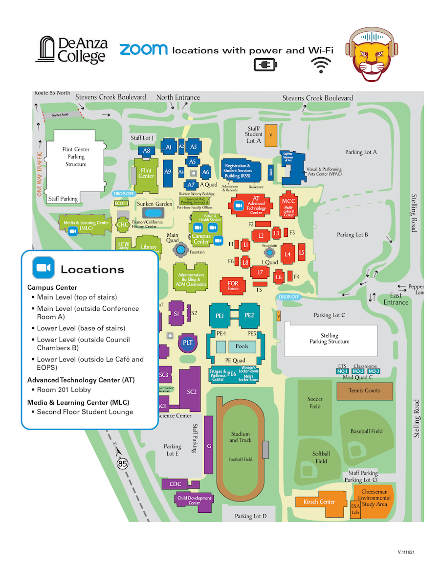 map showing designated Zoom spaces on campus