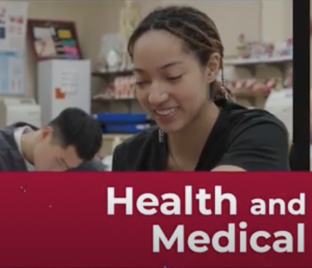 young woman in foreground of classroom with words Health and Medical superimposed