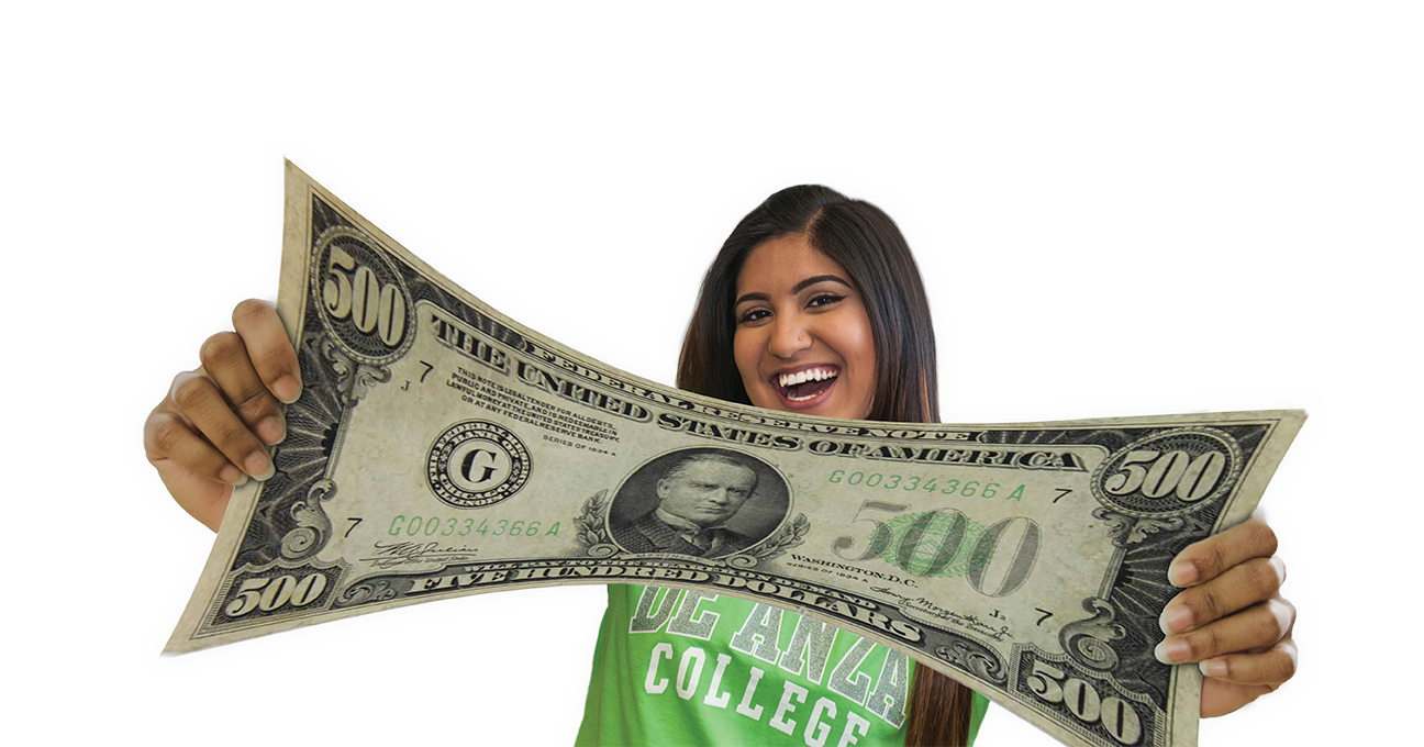 student stretching $500 bill