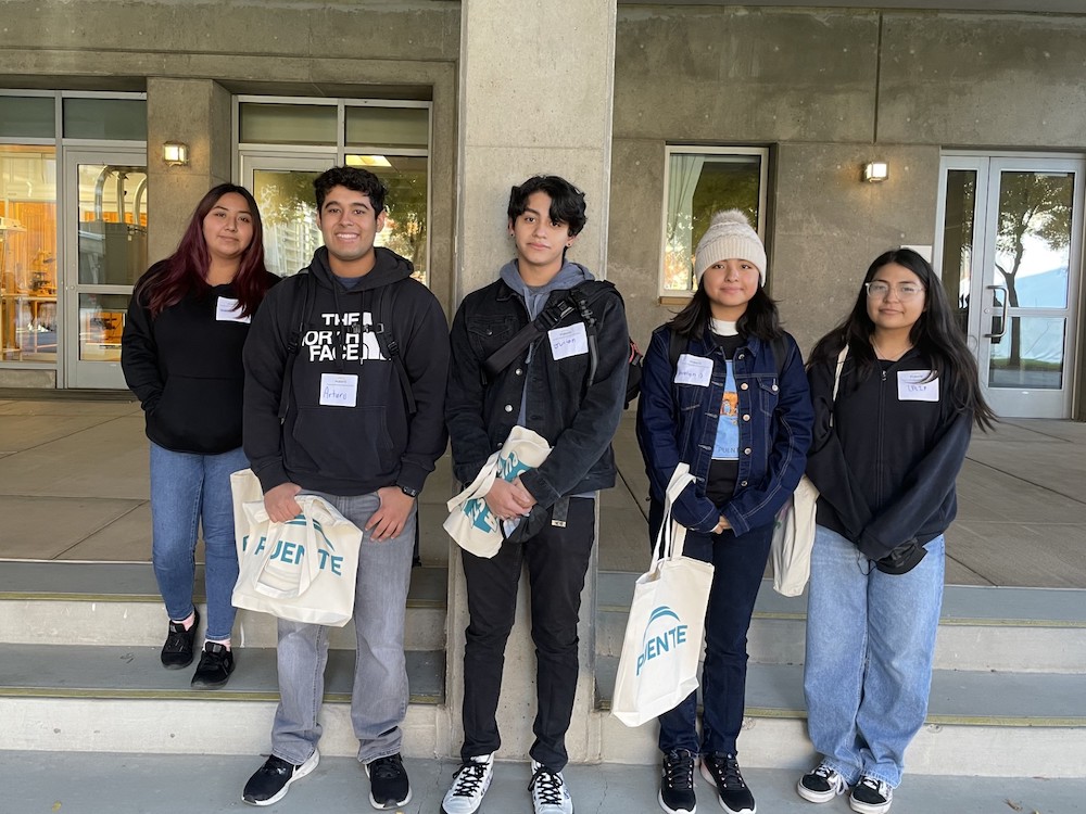 students outside building