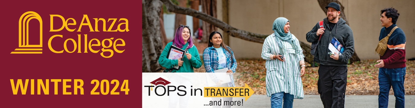 De Anza College Winter 2024 | Tops in Transfer and more! | scene of five students walking in a group outside, wearing jackets and talking